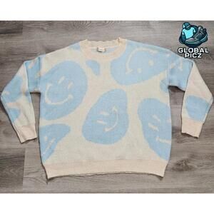 Altar’d State Cream/ Blue Sweater Smiley Face Womens Size XS